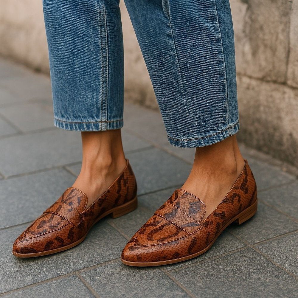 Dr. Scholl's Tan Brown Snakeskin-Print Leather Loafers